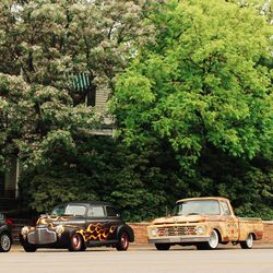 Cars on road by trees in city