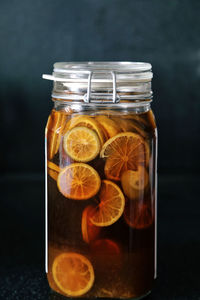 Close-up of fruity drink in jar
