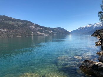 Scenic view of sea against clear blue sky