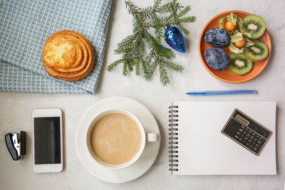 High angle view of breakfast on table