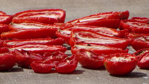 Close-up of chopped tomatoes on table