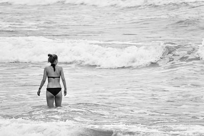 Rear view of woman wearing bikini standing in sea