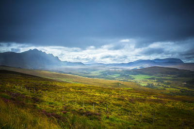 Scenic view of mountains against cloudy sky