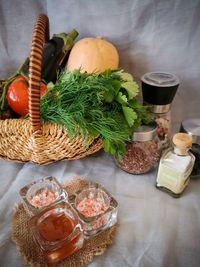 High angle view of fruits and vegetables on table