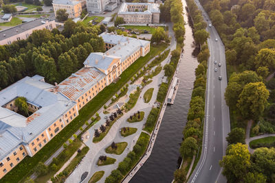 High angle view of buildings in city