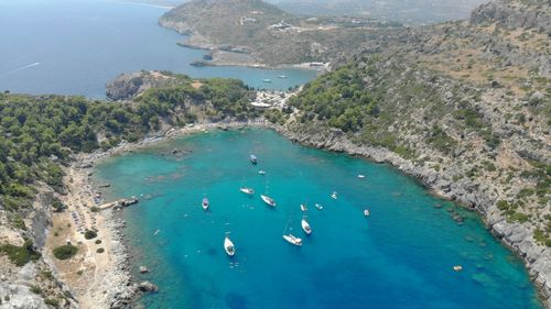 High angle view of sea and mountains