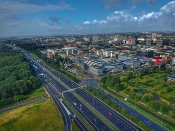 High angle view of road amidst buildings in city