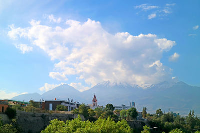 Panoramic view of trees and buildings against sky