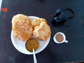 High angle view of breakfast served on table