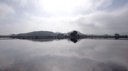 Scenic view of lake against cloudy sky