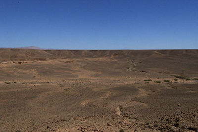 Scenic view of desert against clear blue sky