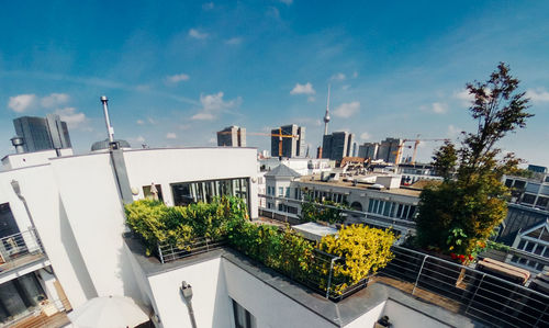 High angle view of residential buildings against sky