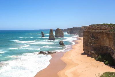 Scenic view of sea against clear blue sky