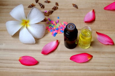 High angle view of pink flowers on table