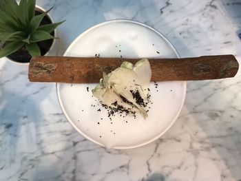 High angle view of dessert on table