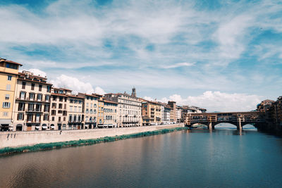 Bridge over river by buildings against sky