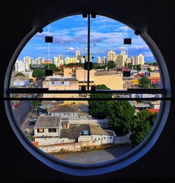 Cityscape seen through window