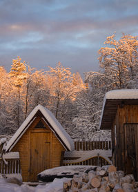 House amidst trees and buildings against sky during winter