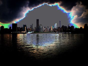 View of city lit up at night