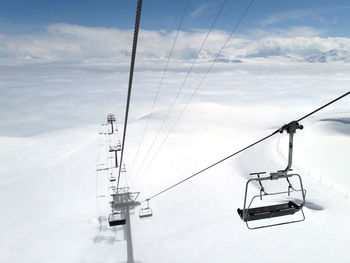 Low angle view of overhead cable car against sky