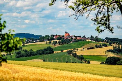 Scenic view of agricultural field by buildings against sky