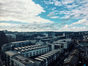 High angle view of buildings against sky