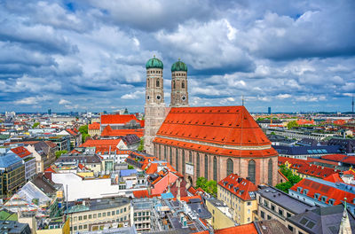 High angle view of buildings against sky in city
