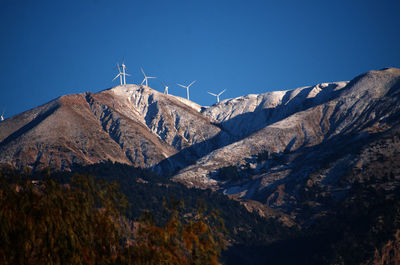 Scenic view of mountains against clear blue sky