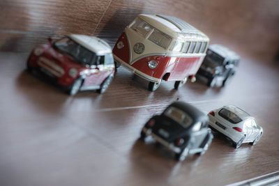 High angle view of toy car on table