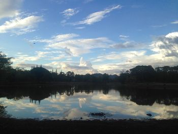 Scenic view of lake against sky at sunset