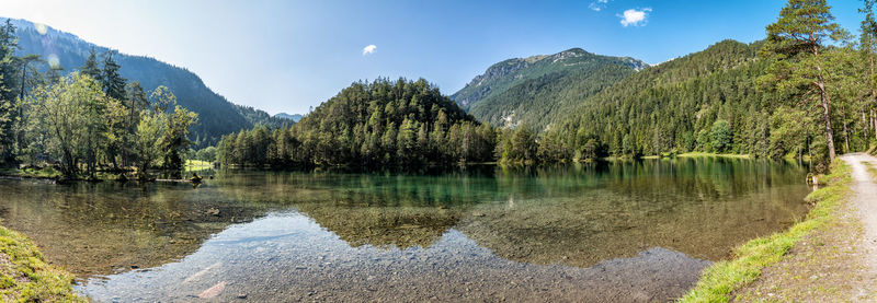 Panoramic view of lake and mountains against sky