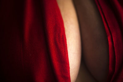 Midsection of seductive woman wearing red dress