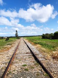 View of railroad tracks on field against sky