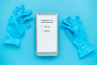 High angle view of text on blue background