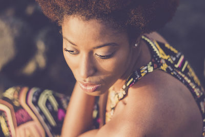 High angle view of young woman looking away