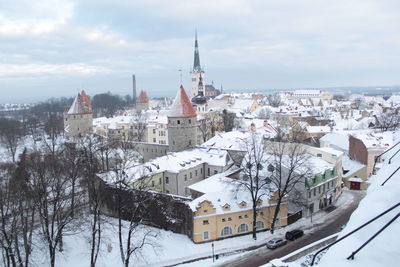 High angle view of trees and buildings in winter