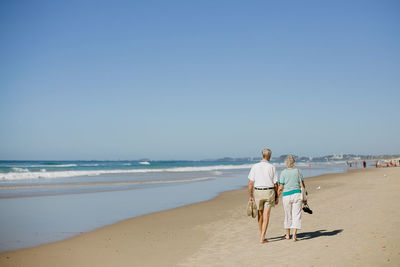 Rear view of man and woman walking at beach against clear sky