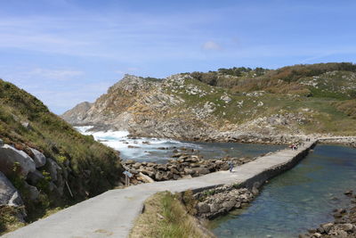 Scenic view of sea by mountain against sky