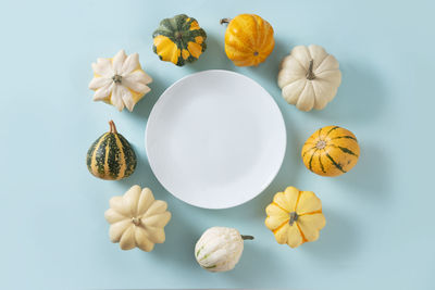 Directly above shot of pumpkins on white background