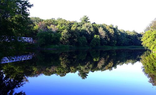 Reflection of trees in lake against clear sky