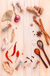 Directly above shot of various herbs and spices on table