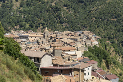 High angle view of townscape and trees in town