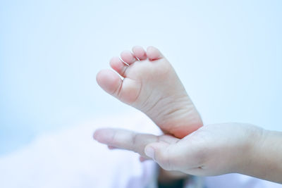 Close-up of hand holding baby feet