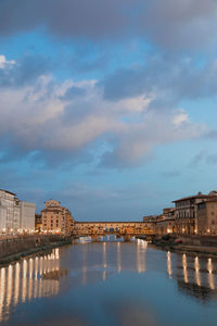 Bridge over river in city against sky