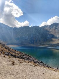 Scenic view of lake and mountains against sky