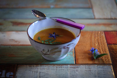 Spoon on soup bowl