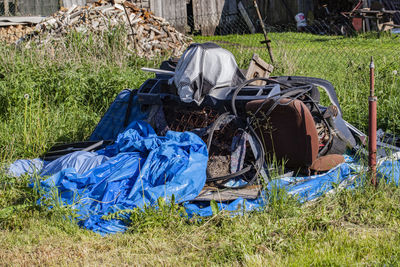 High angle view of garbage on field