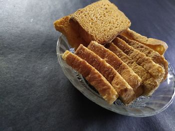 High angle view of bread in plate on table