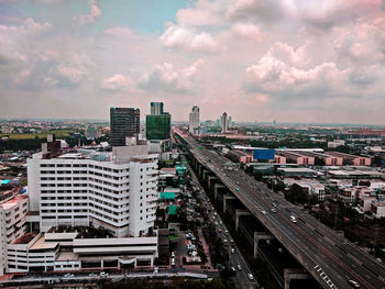 High angle view of buildings against sky