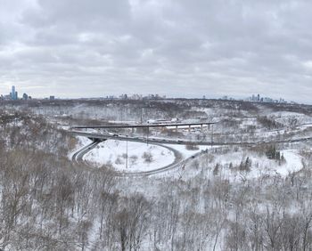 High angle view of city against sky during winter